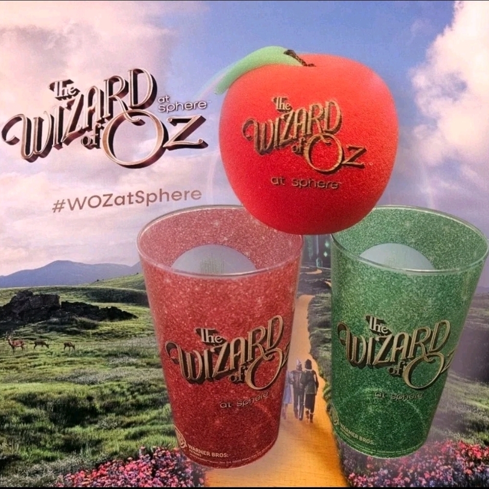 Wizard Of Oz Falling Apple Prop At Sphere + 2 Souvenir Cups, 1 Green + 1 Red